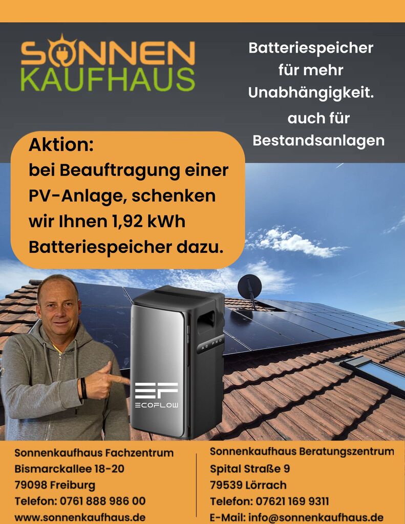 Wir schenken Ihnen bei Beauftragung einer Photovoltaikanlage einen 1,92 kWh Batteriespeicher für Kunden vom Kaiserstuhl